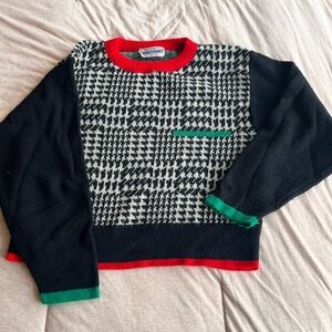 Vintage Cropped Black and White Sweater with Red / Green Trim